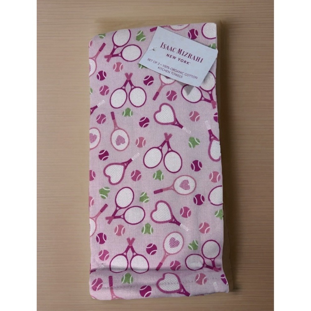 Isaac Mizrahi Kitchen Towels Set Of 3 100% Organic Cotton Pink Tennis Rackets